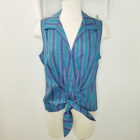 Lafayette 148 Blue Turquoise Stripe Sleeveless Tie Waist Buttonfront Top 12 NWT - Picture 2 of 14